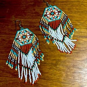 Boho Beaded Fringe Earrings in Turquoise, Rust & White